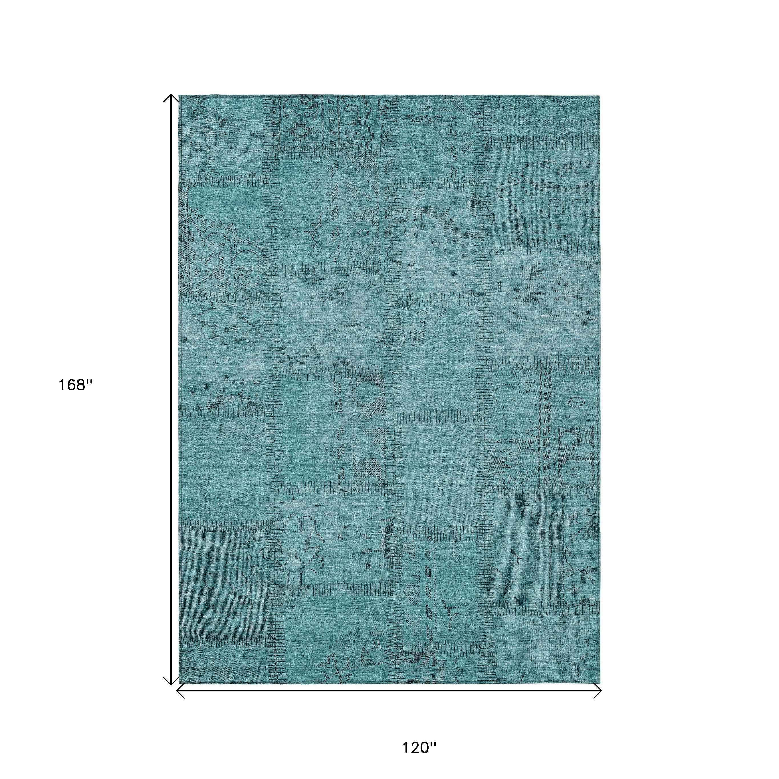 10' X 14' Teal Blue And Aqua Patchwork Washable Indoor Outdoor Area Rug