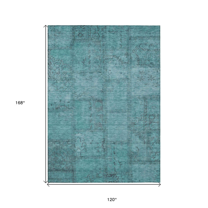 10' X 14' Teal Blue And Aqua Patchwork Washable Indoor Outdoor Area Rug