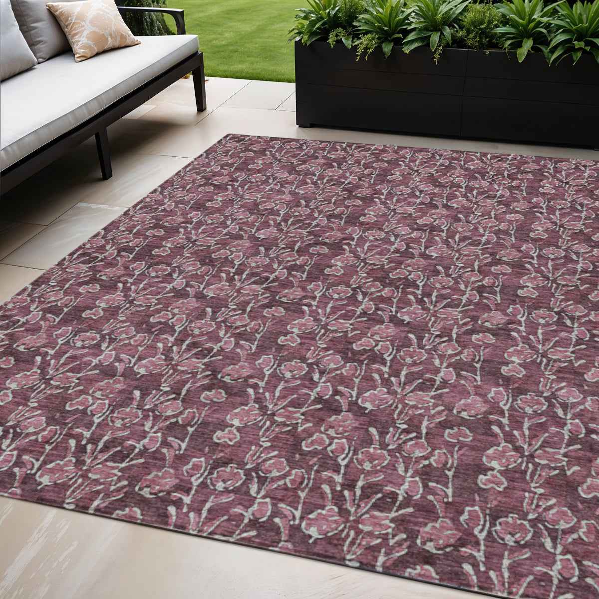 5' X 8' Merlot Mauve And Ivory Floral Washable Indoor Outdoor Area Rug