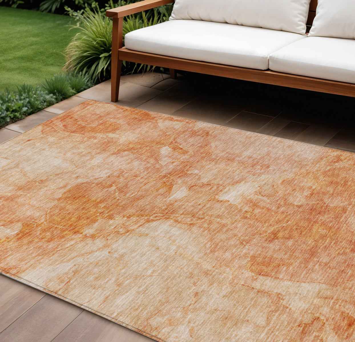 8' X 10' Salmon Peach And Ivory Nautical Washable Indoor Outdoor Area Rug