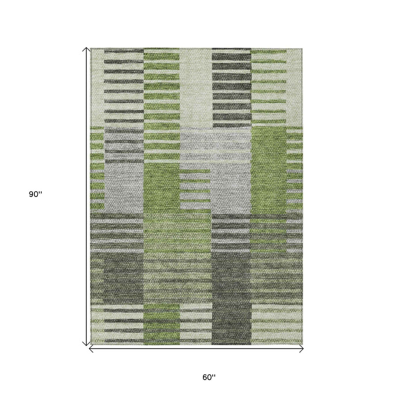 5' X 8' Green And Olive Green Striped Washable Indoor Outdoor Area Rug