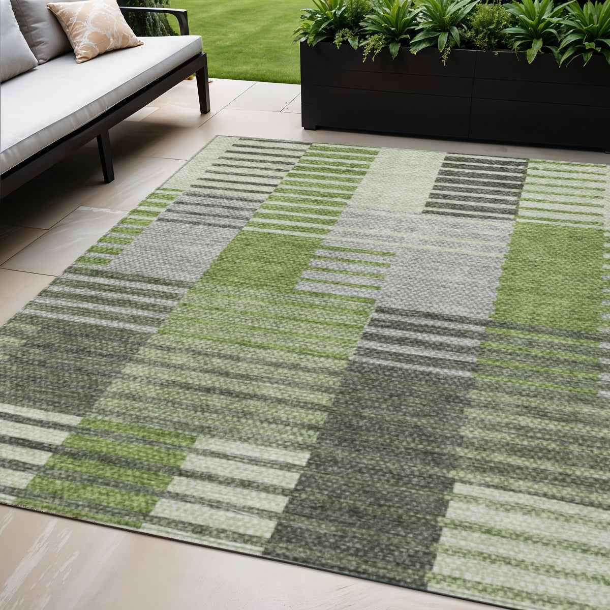 5' X 8' Green And Olive Green Striped Washable Indoor Outdoor Area Rug