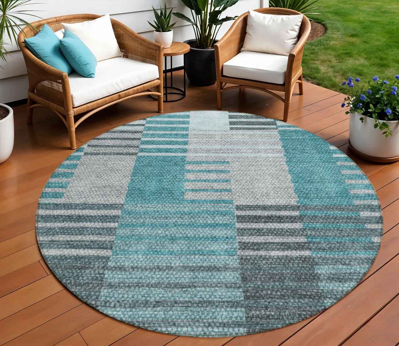 8' Teal Blue Aqua And Gray Round Striped Washable Indoor Outdoor Area Rug