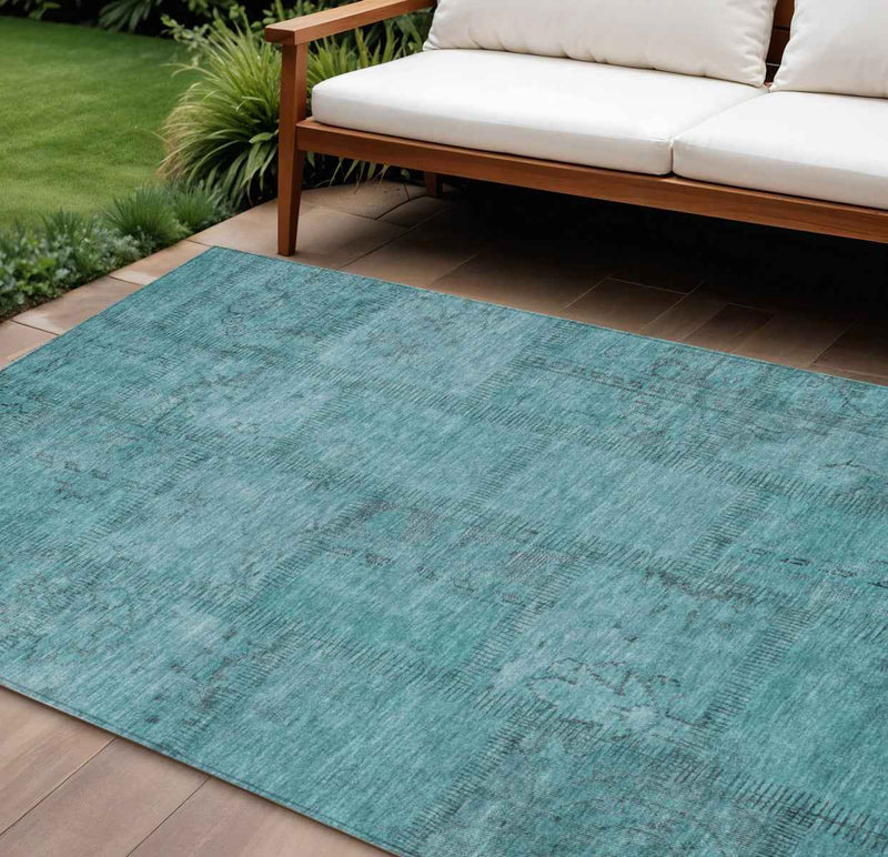 8' X 10' Teal Blue And Aqua Patchwork Washable Indoor Outdoor Area Rug