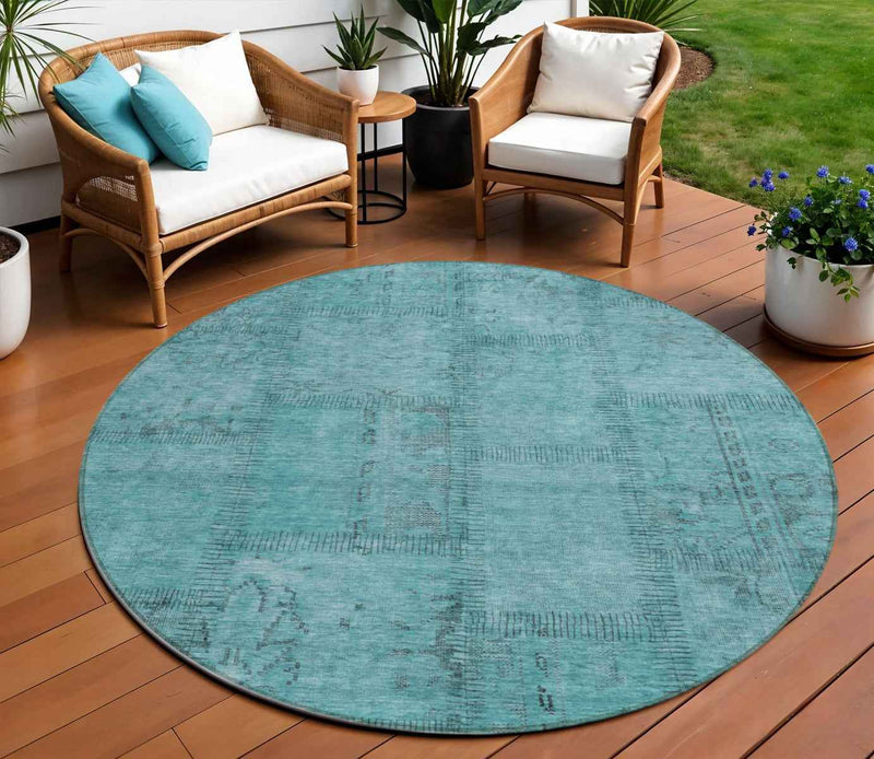 8' Teal Blue And Aqua Round Patchwork Washable Indoor Outdoor Area Rug