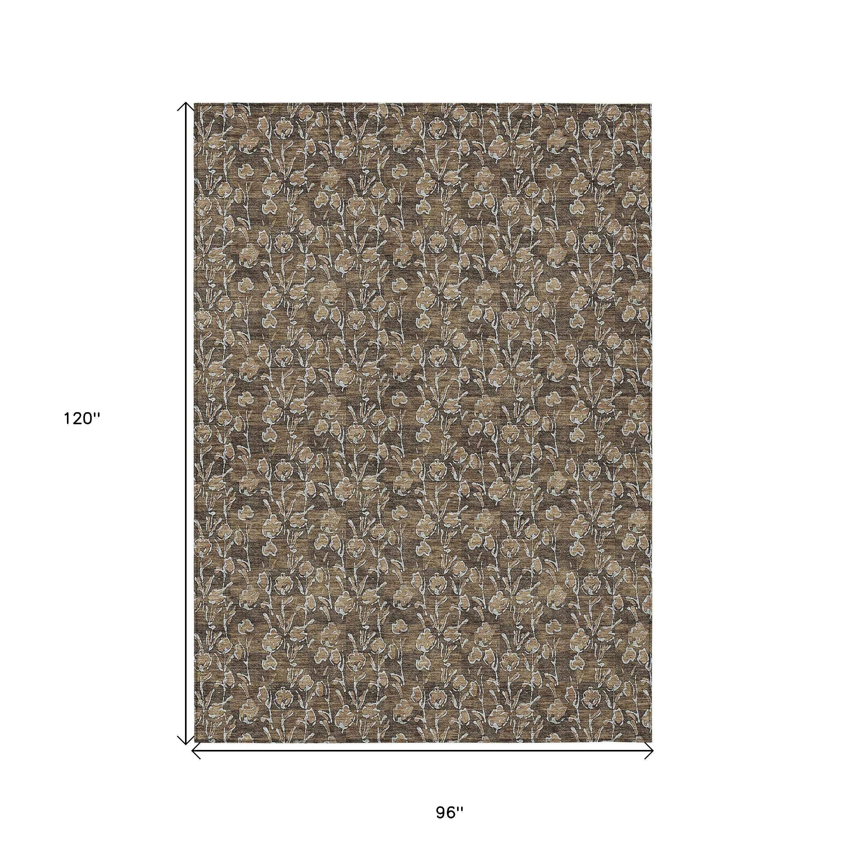 8' X 10' Brown And Ivory Floral Washable Indoor Outdoor Area Rug