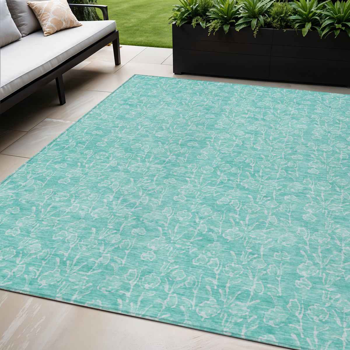5' X 8' Teal Blue And Ivory Floral Washable Indoor Outdoor Area Rug