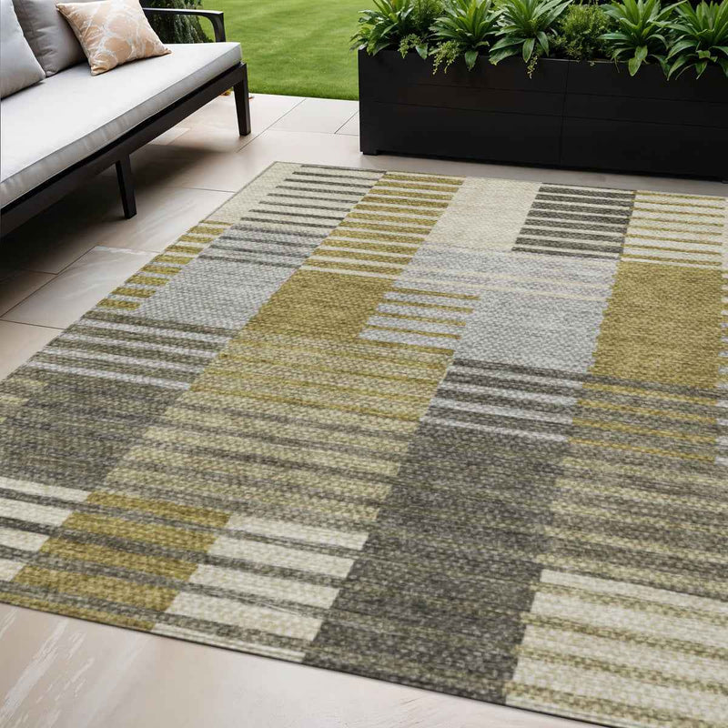 5' X 8' Brown Gold And Taupe Striped Washable Indoor Outdoor Area Rug