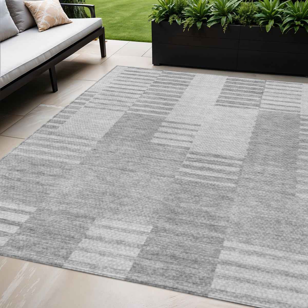 5' X 8' Silver Gray And Ivory Striped Washable Indoor Outdoor Area Rug