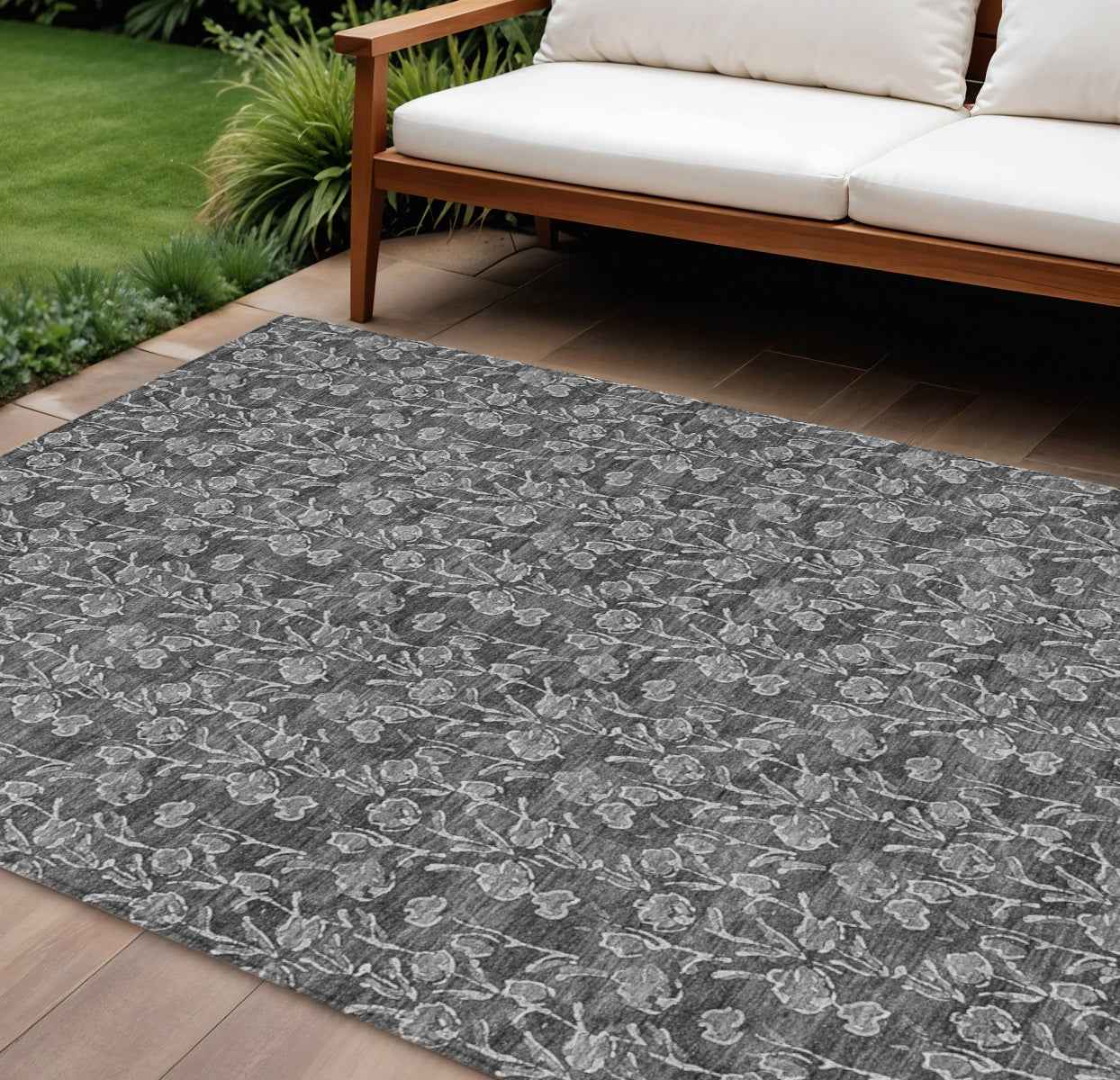 8' X 10' Gray Charcoal And Silver Floral Washable Indoor Outdoor Area Rug