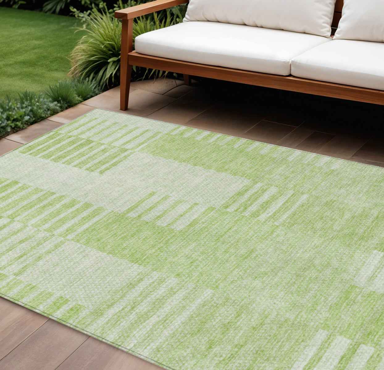 8' X 10' Artichoke Green And Mint Green Striped Washable Indoor Outdoor Area Rug