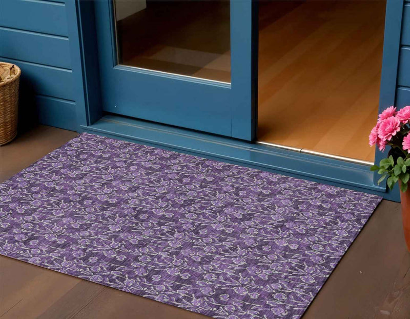 3' X 5' Purple Eggplant And Ivory Floral Washable Indoor Outdoor Area Rug