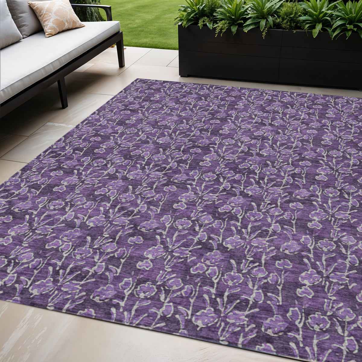 5' X 8' Purple Eggplant And Ivory Floral Washable Indoor Outdoor Area Rug