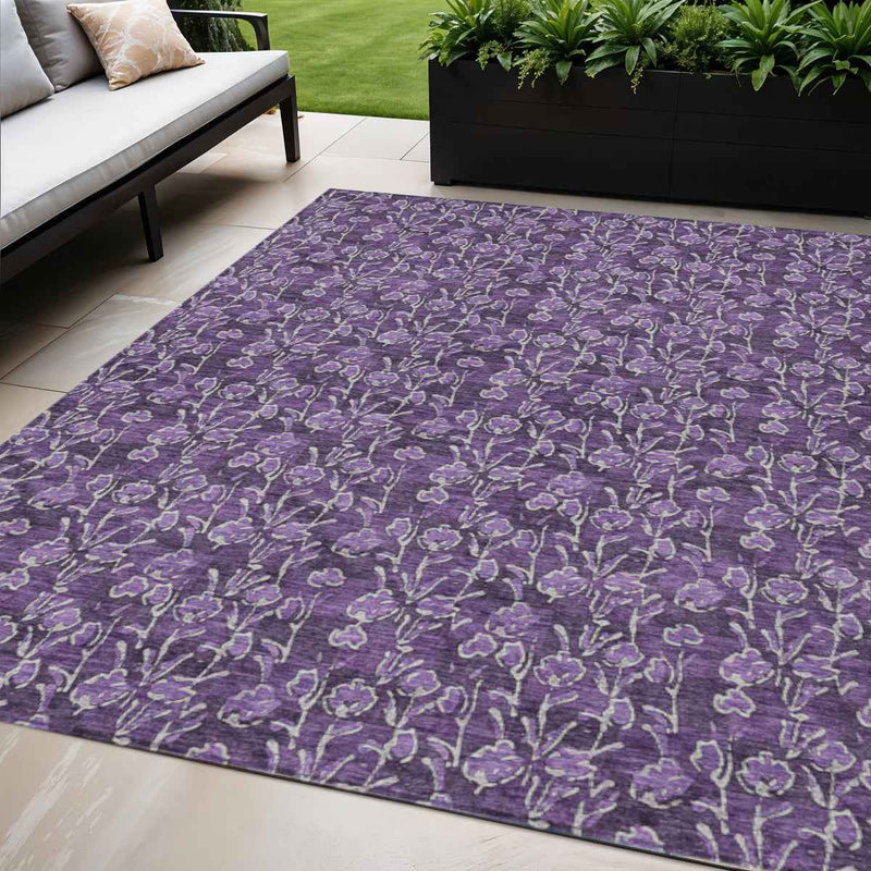 5' X 8' Purple Eggplant And Ivory Floral Washable Indoor Outdoor Area Rug
