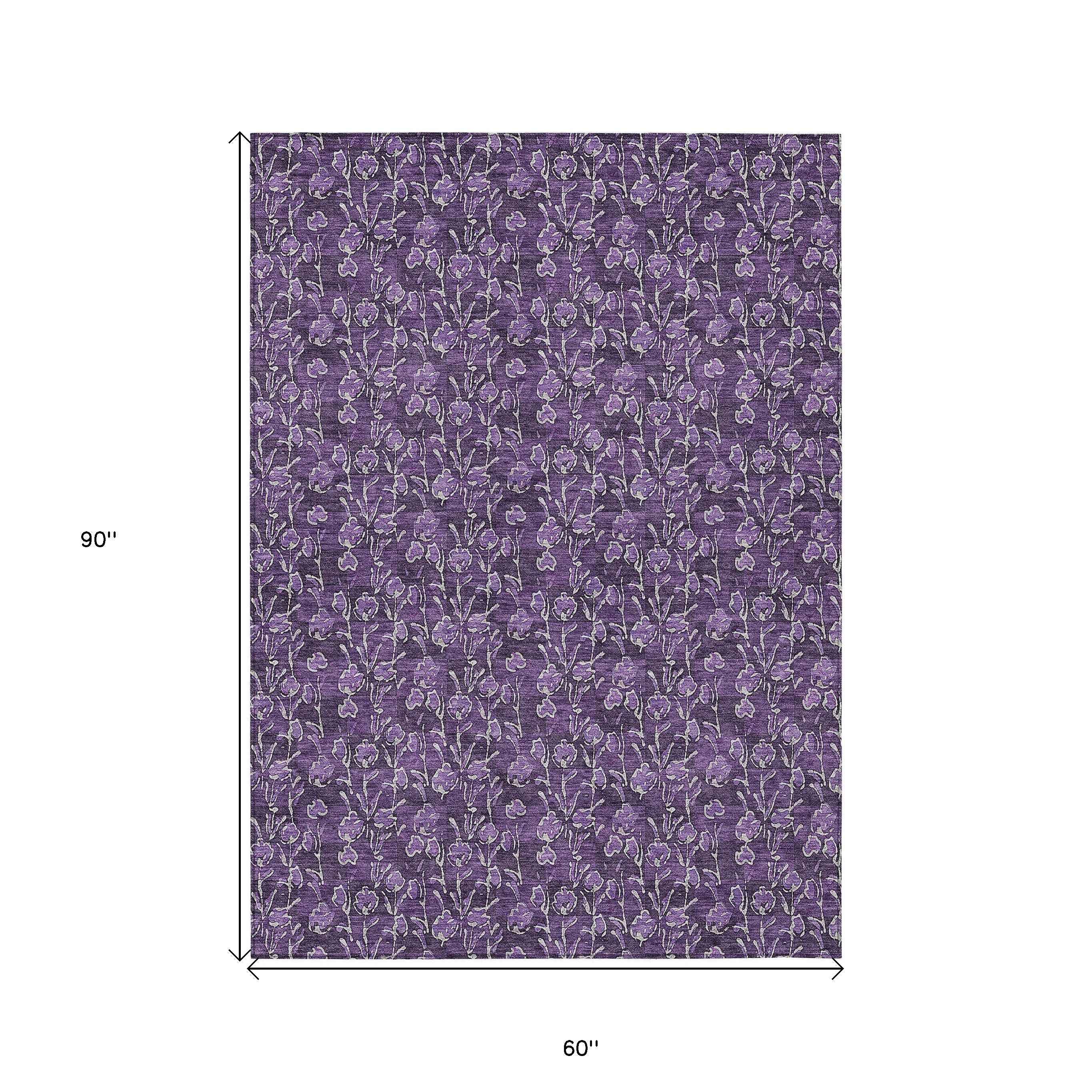 5' X 8' Purple Eggplant And Ivory Floral Washable Indoor Outdoor Area Rug