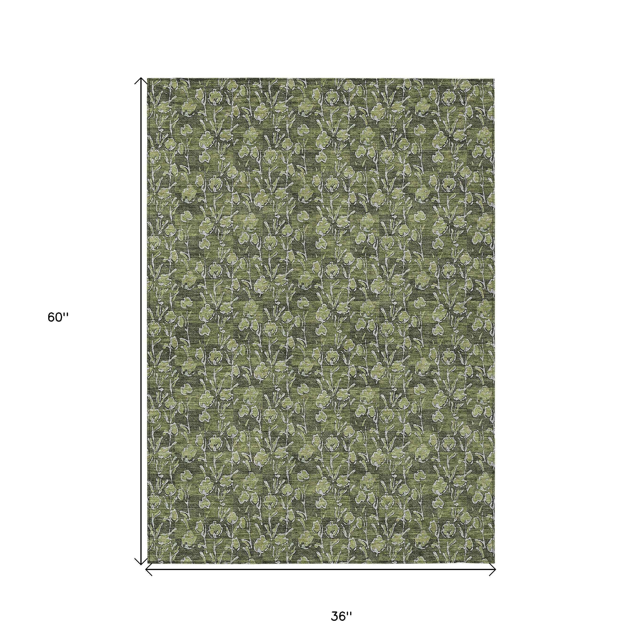 3' X 5' Olive Green Artichoke Green And Ivory Floral Washable Indoor Outdoor Area Rug