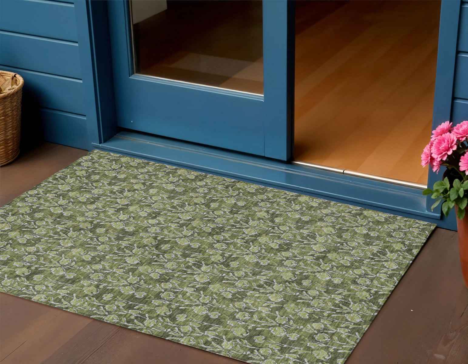 3' X 5' Olive Green Artichoke Green And Ivory Floral Washable Indoor Outdoor Area Rug
