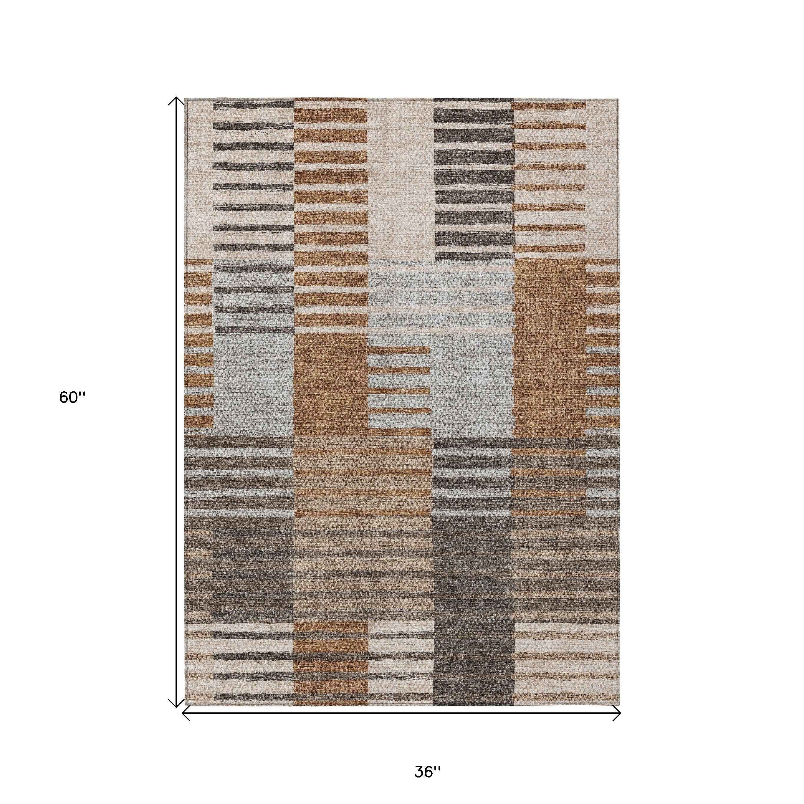 3' X 5' Chocolate And Gray Striped Washable Indoor Outdoor Area Rug