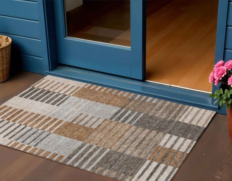 3' X 5' Chocolate And Gray Striped Washable Indoor Outdoor Area Rug