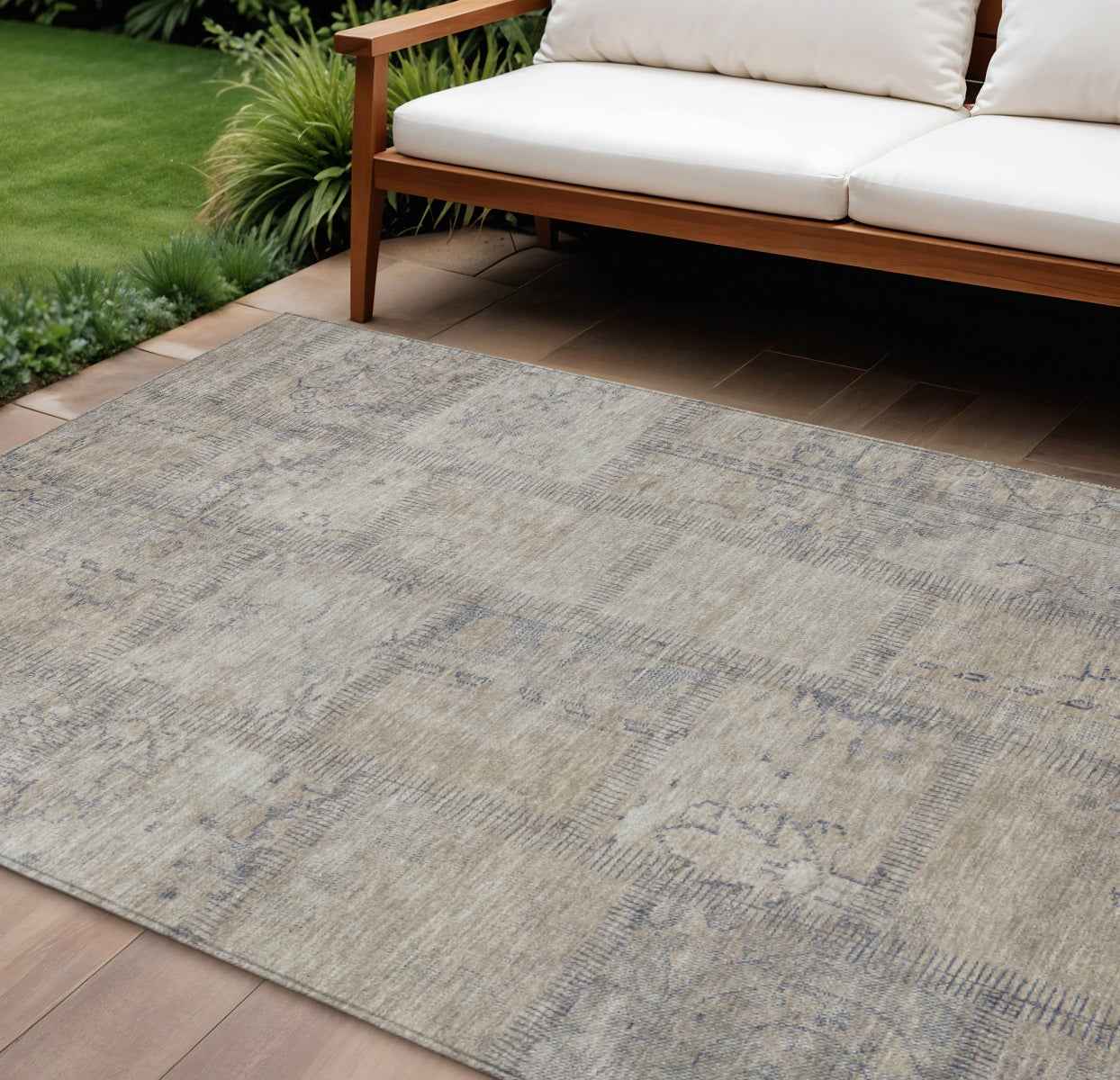 9' X 12' Beige Taupe And Brown Patchwork Washable Indoor Outdoor Area Rug