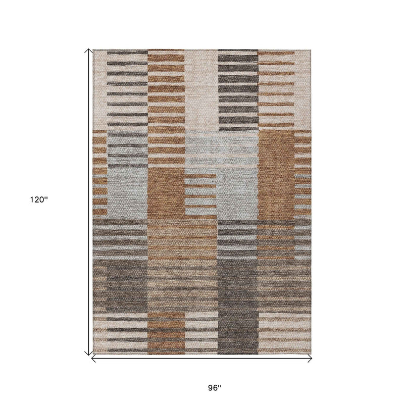 8' X 10' Chocolate And Gray Striped Washable Indoor Outdoor Area Rug