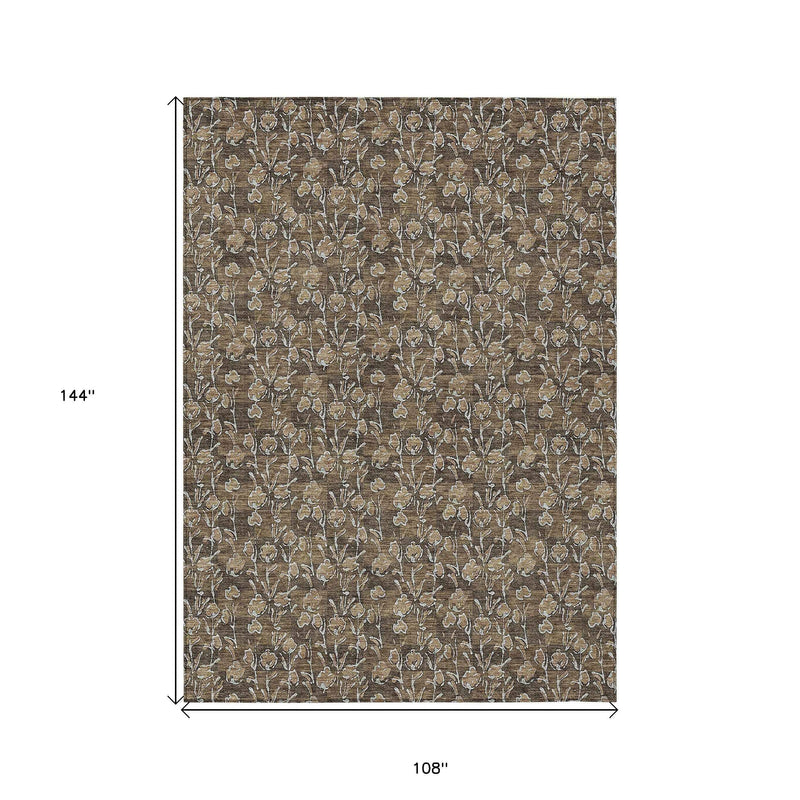 9' X 12' Brown And Ivory Floral Washable Indoor Outdoor Area Rug