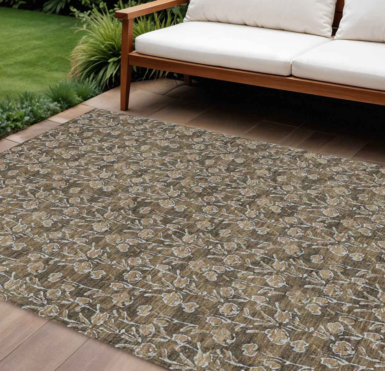 9' X 12' Brown And Ivory Floral Washable Indoor Outdoor Area Rug