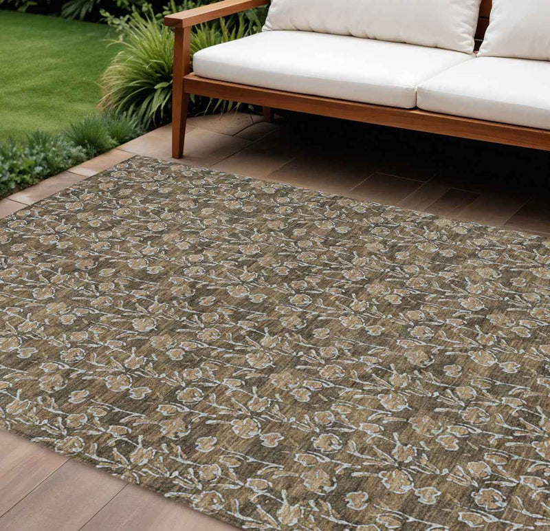9' X 12' Brown And Ivory Floral Washable Indoor Outdoor Area Rug