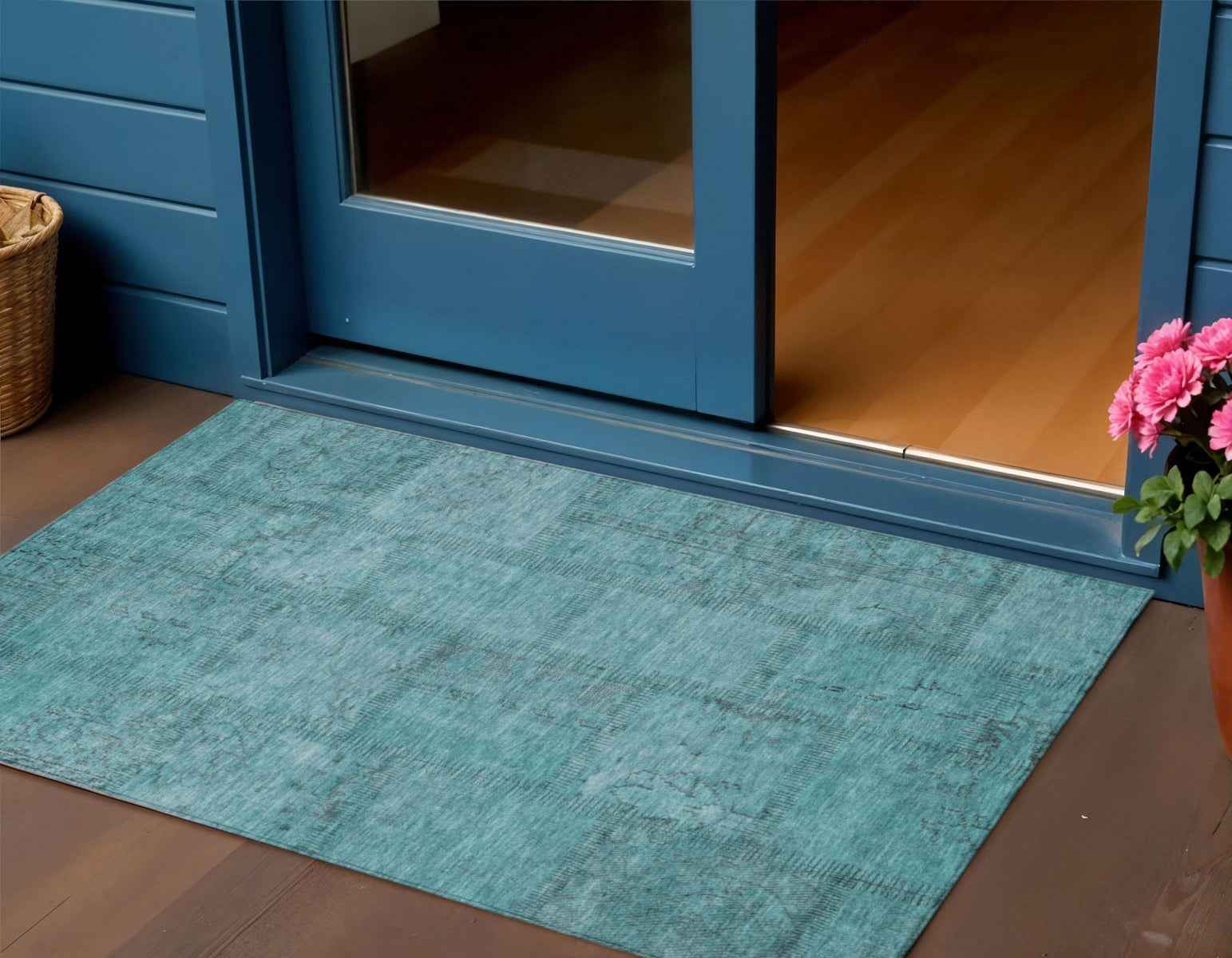 3' X 5' Teal Blue And Aqua Patchwork Washable Indoor Outdoor Area Rug