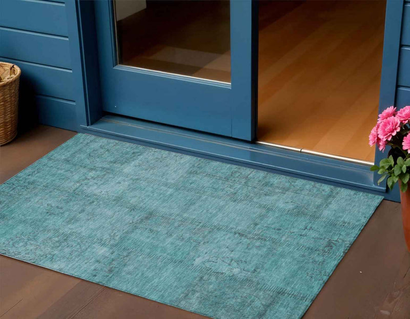 3' X 5' Teal Blue And Aqua Patchwork Washable Indoor Outdoor Area Rug