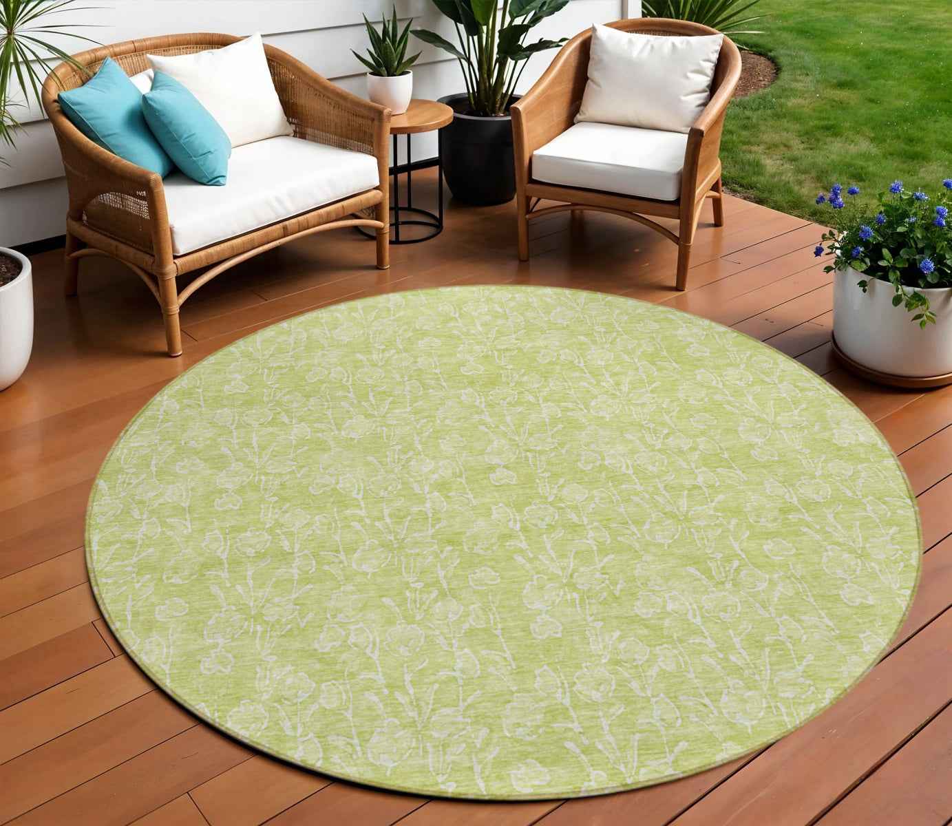 8' Artichoke Green And Ivory Round Floral Washable Indoor Outdoor Area Rug