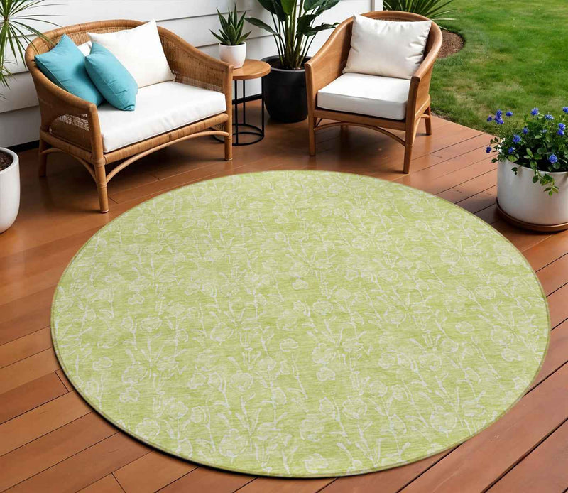 8' Artichoke Green And Ivory Round Floral Washable Indoor Outdoor Area Rug