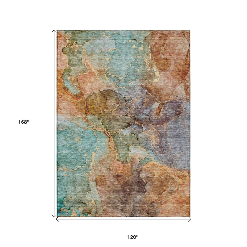 10' X 14' Copper Orange And Teal Blue Abstract Washable Indoor Outdoor Area Rug
