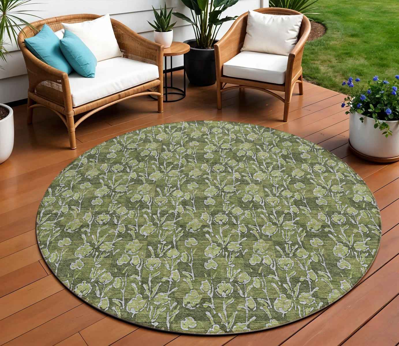 8' Olive Green Artichoke Green And Ivory Round Floral Washable Indoor Outdoor Area Rug