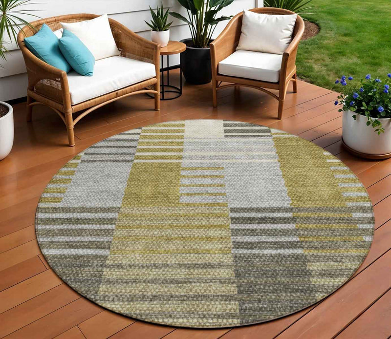 8' Brown Gold And Taupe Round Striped Washable Indoor Outdoor Area Rug
