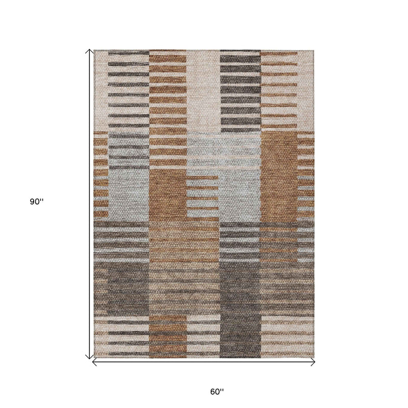 5' X 8' Chocolate And Gray Striped Washable Indoor Outdoor Area Rug