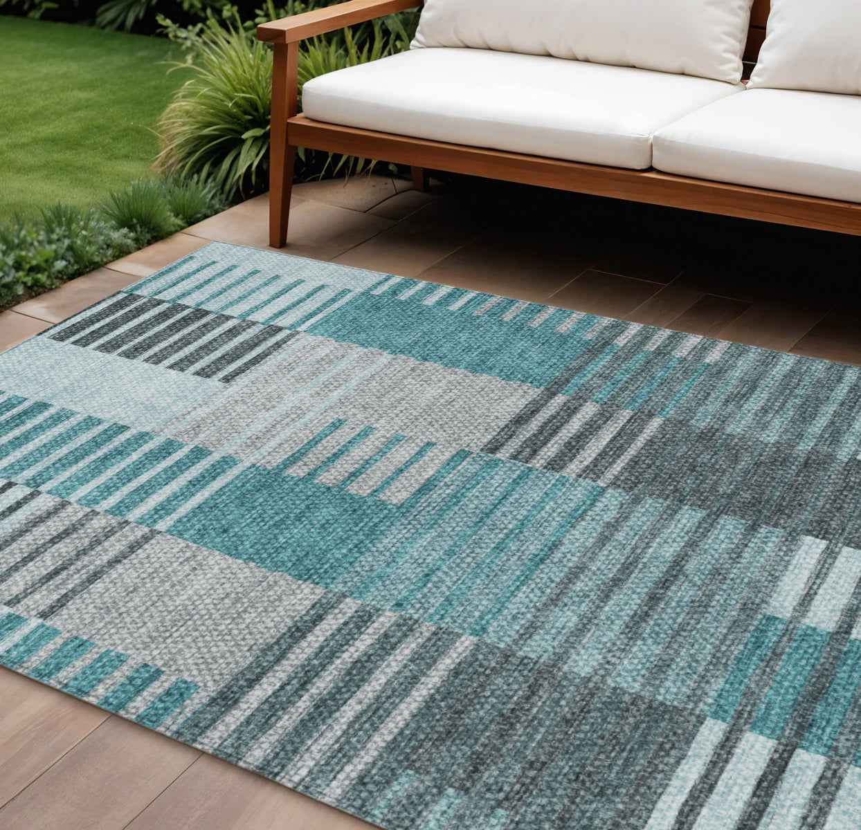 9' X 12' Teal Blue Aqua And Gray Striped Washable Indoor Outdoor Area Rug