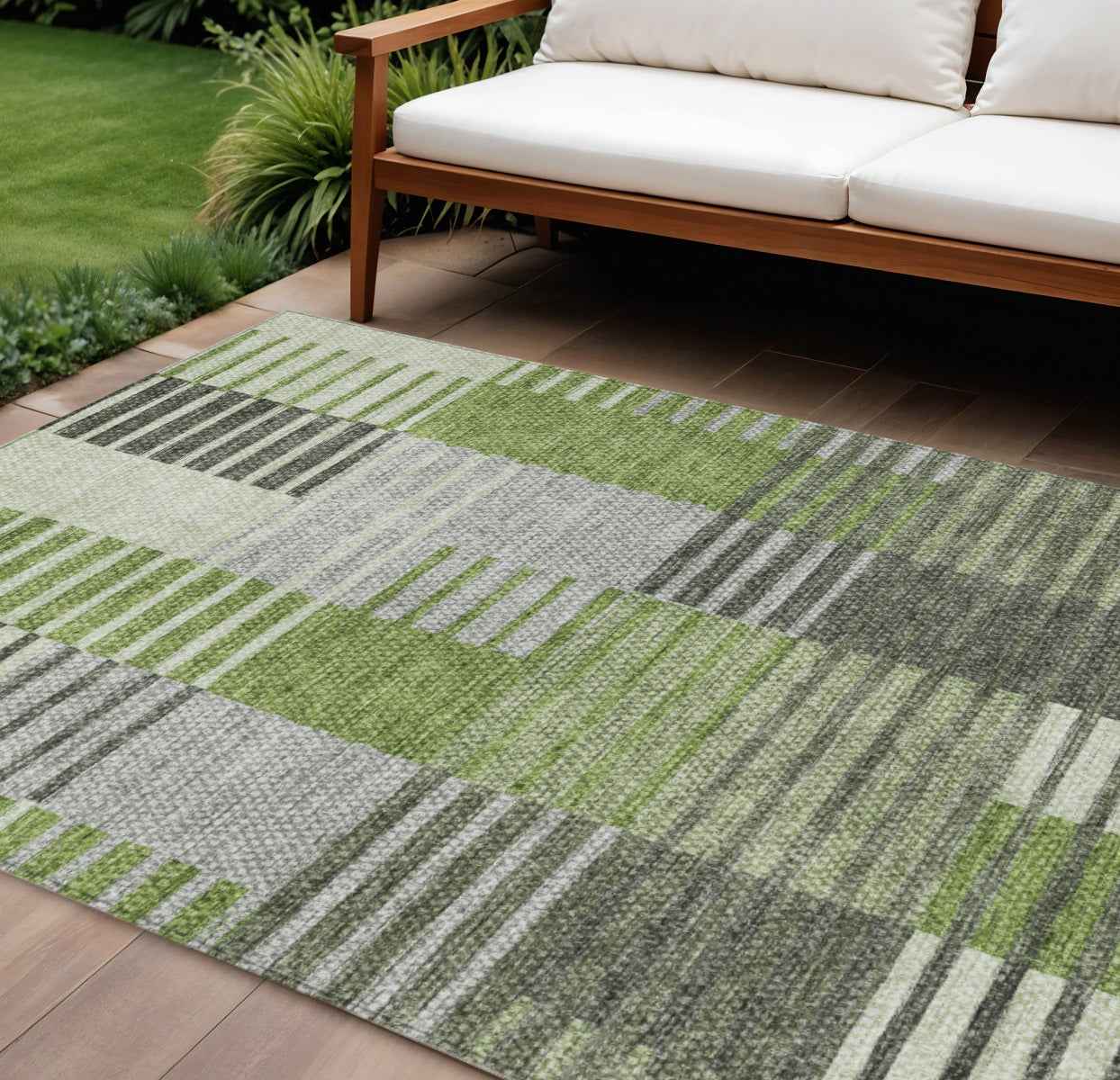 9' X 12' Green And Olive Green Striped Washable Indoor Outdoor Area Rug