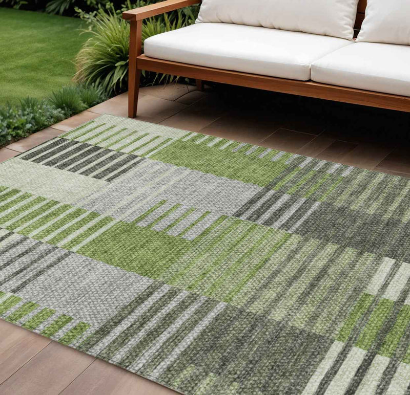 9' X 12' Green And Olive Green Striped Washable Indoor Outdoor Area Rug