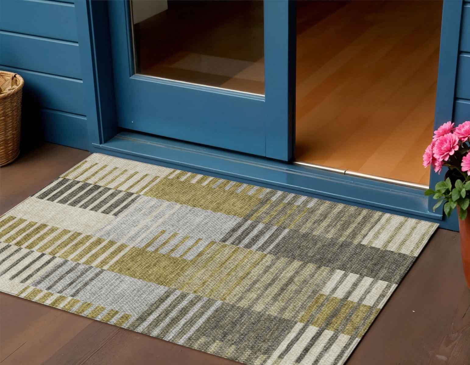 3' X 5' Brown Gold And Taupe Striped Washable Indoor Outdoor Area Rug