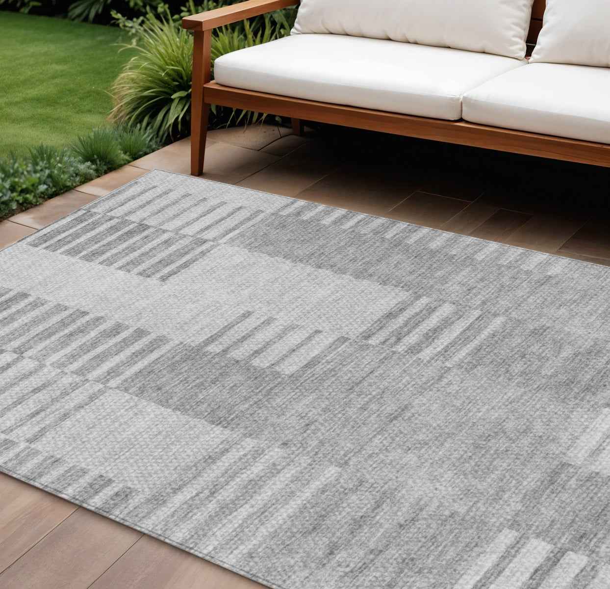 10' X 14' Silver Gray And Ivory Striped Washable Indoor Outdoor Area Rug
