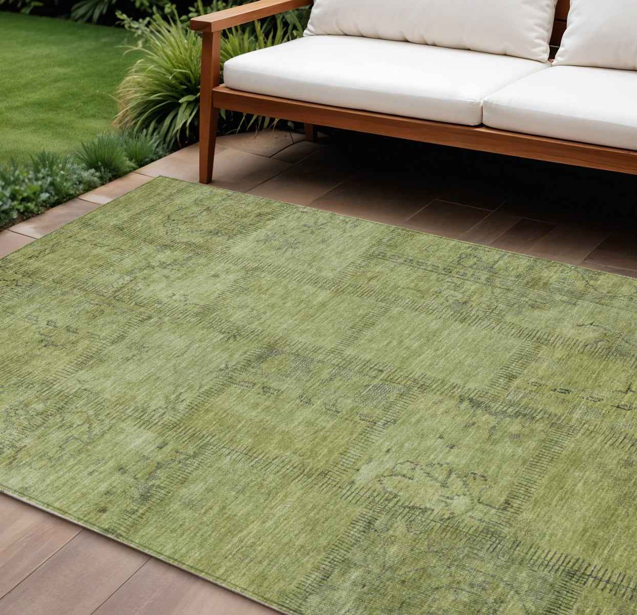 10' X 14' Fern Green And Artichoke Green Patchwork Washable Indoor Outdoor Area Rug