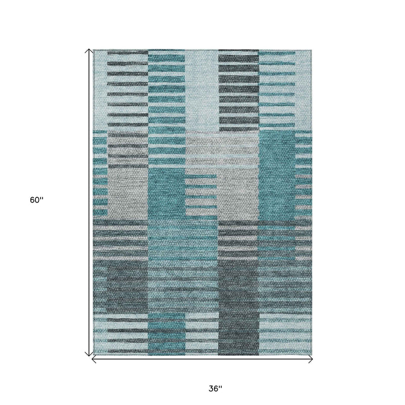 3' X 5' Teal Blue Aqua And Gray Striped Washable Indoor Outdoor Area Rug
