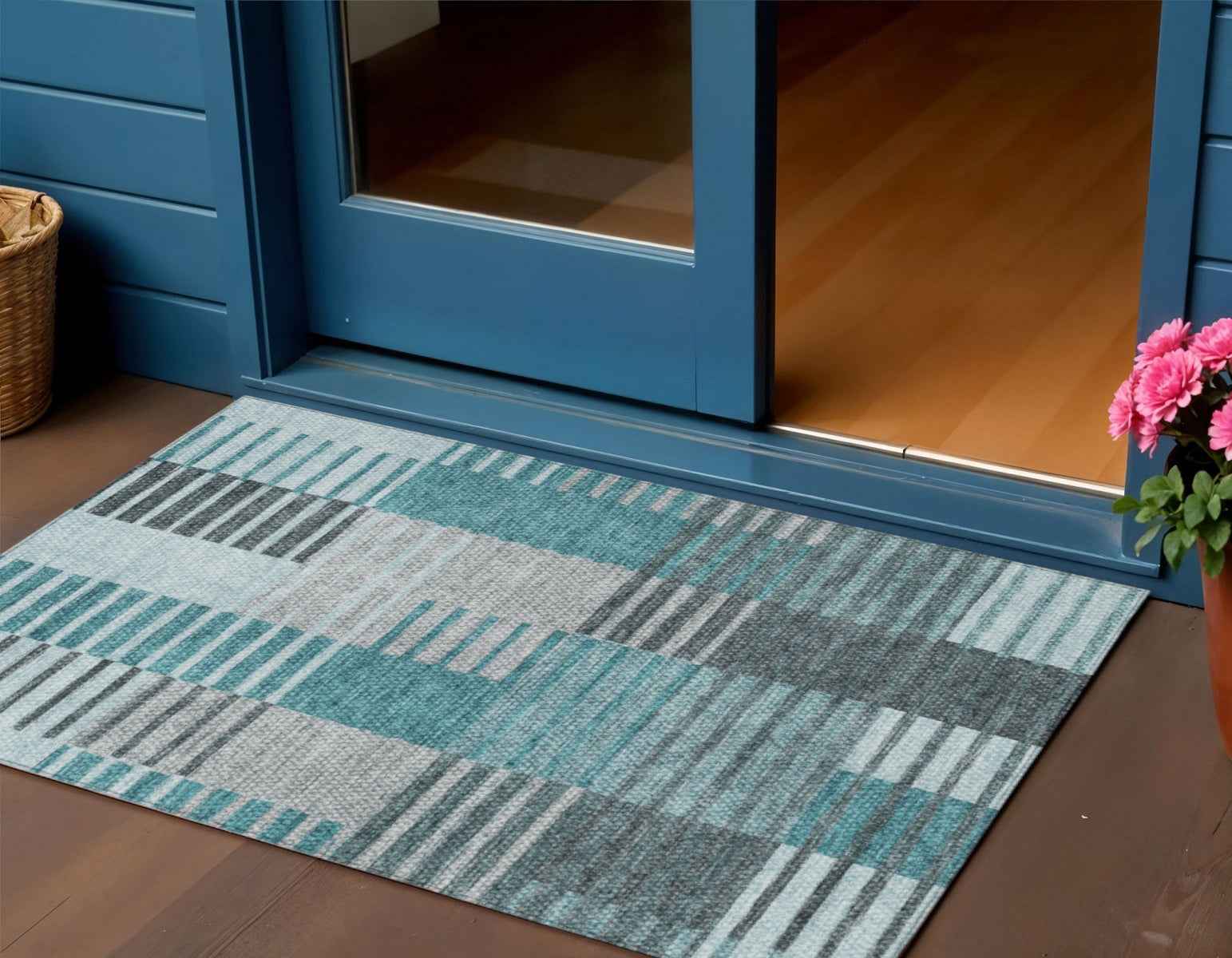 3' X 5' Teal Blue Aqua And Gray Striped Washable Indoor Outdoor Area Rug