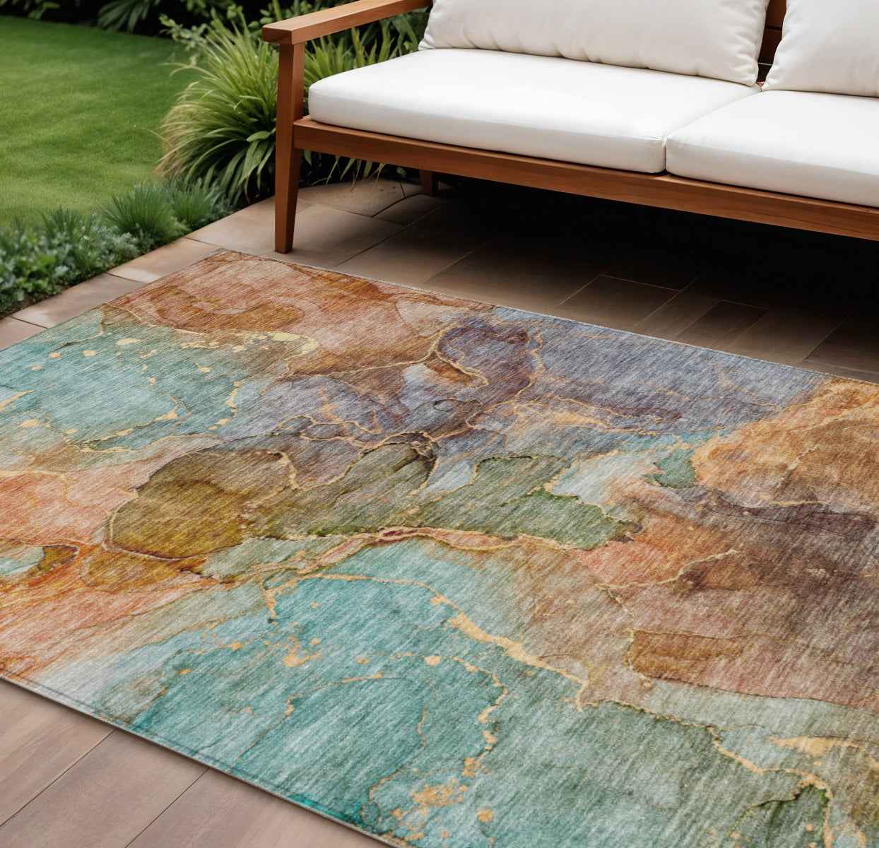 8' X 10' Copper Orange And Teal Blue Abstract Washable Indoor Outdoor Area Rug