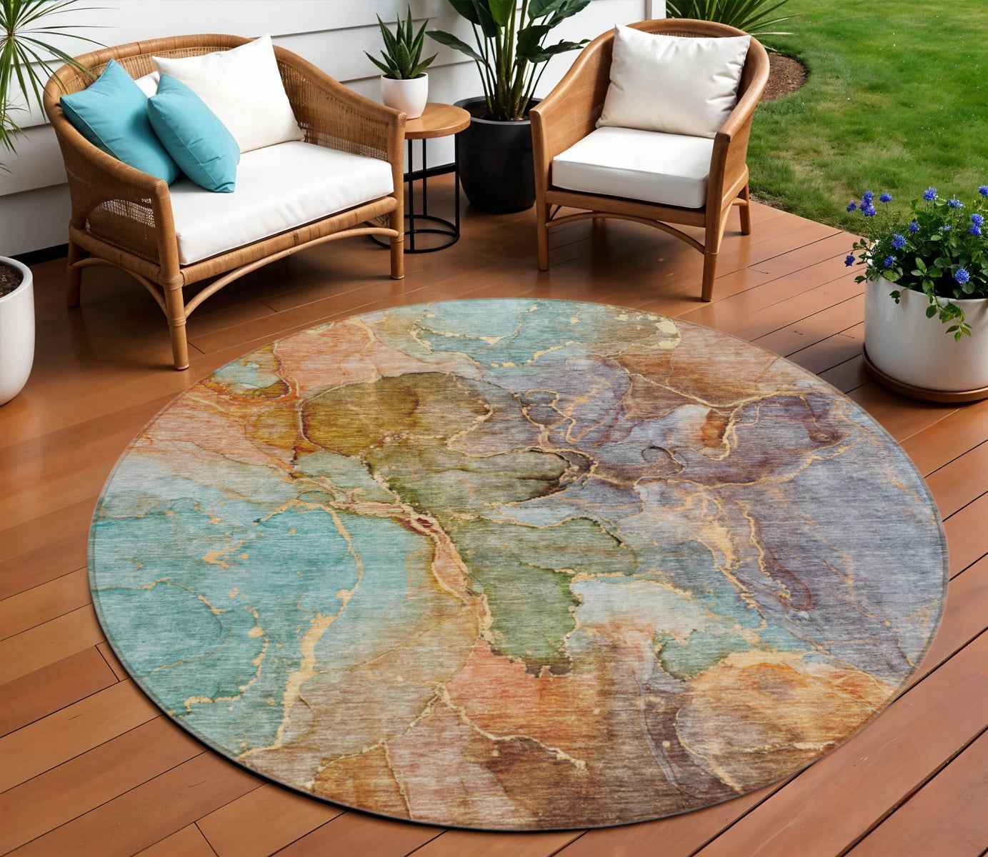 8' Copper Orange And Teal Blue Round Abstract Washable Indoor Outdoor Area Rug
