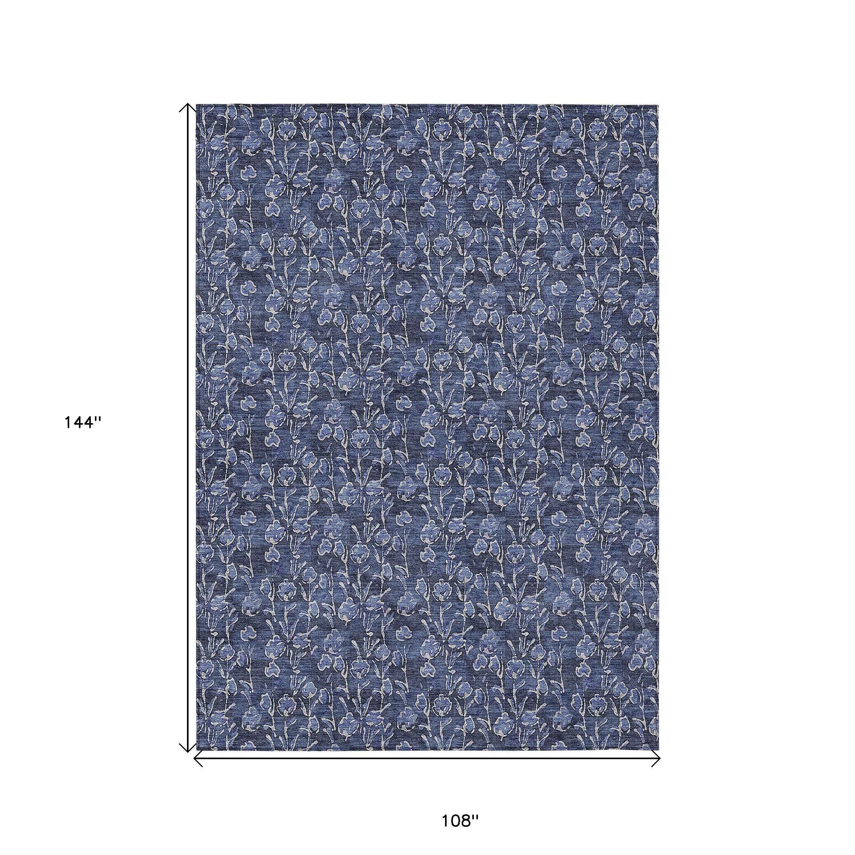 9' X 12' Navy Blue Denim Blue And Ivory Floral Washable Indoor Outdoor Area Rug