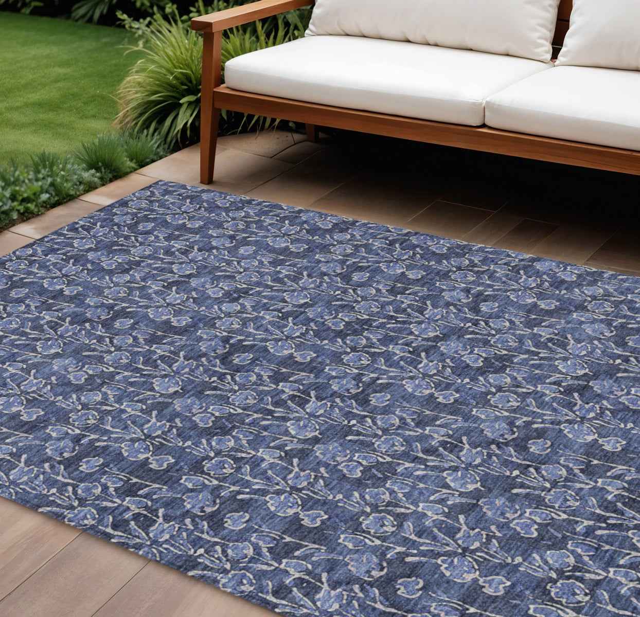 9' X 12' Navy Blue Denim Blue And Ivory Floral Washable Indoor Outdoor Area Rug