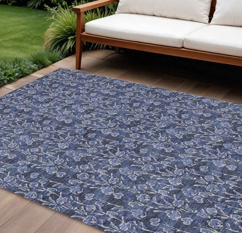 9' X 12' Navy Blue Denim Blue And Ivory Floral Washable Indoor Outdoor Area Rug