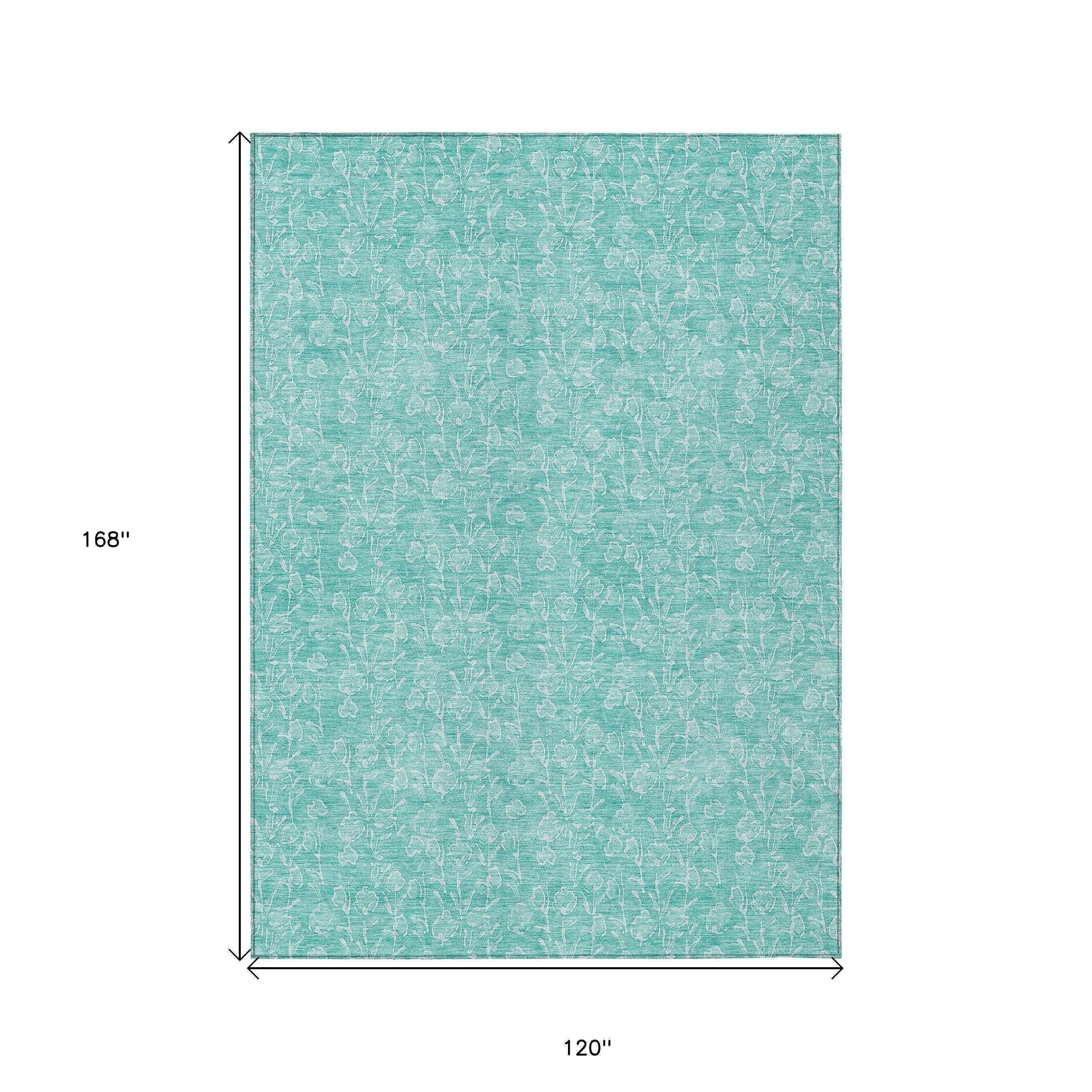10' X 14' Teal Blue And Ivory Floral Washable Indoor Outdoor Area Rug